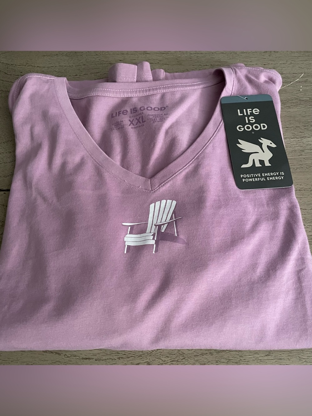 Ladies 2xxl Life Is Good Light Purple V-Neck Tee with White Adirondack Chair